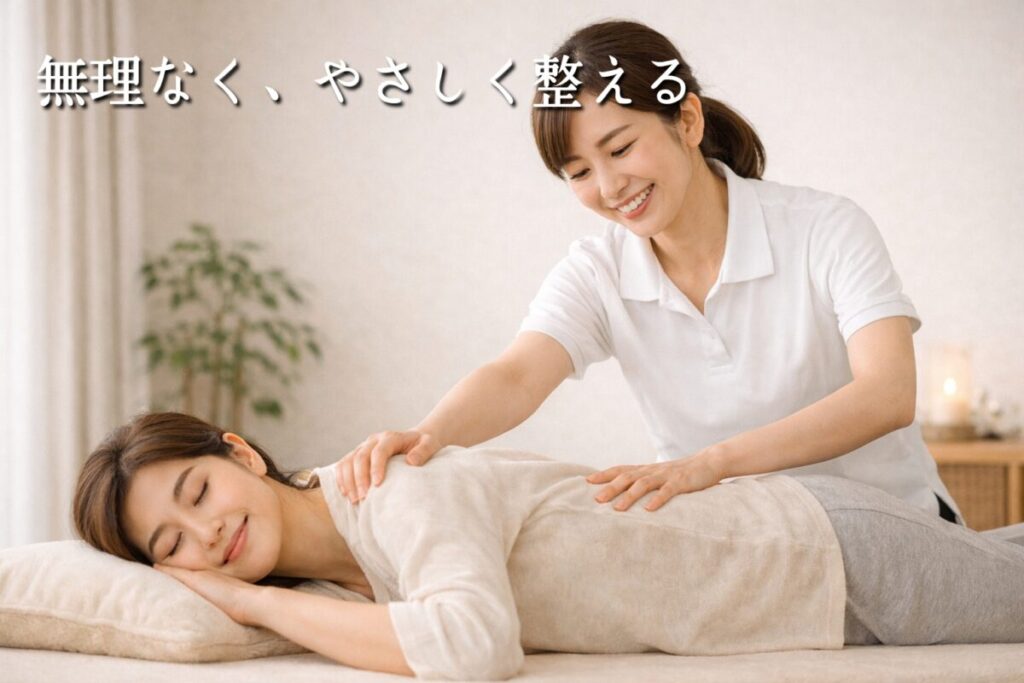 セラピストが女性客に優しい笑みで施術して、気持ちよさそうにしている女性客との様子