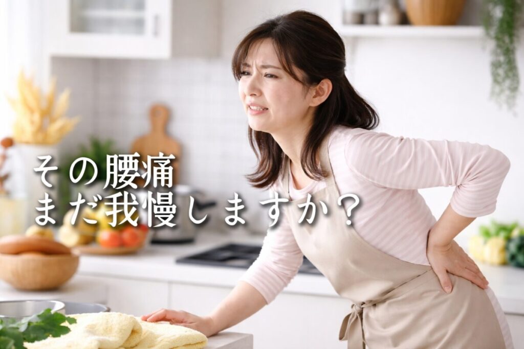 家事をしている途中で腰痛で苦しい顔をしている女性