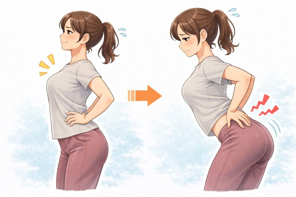 いい姿勢になろうとして胸を貼ったら腰が反ってしまっている女性