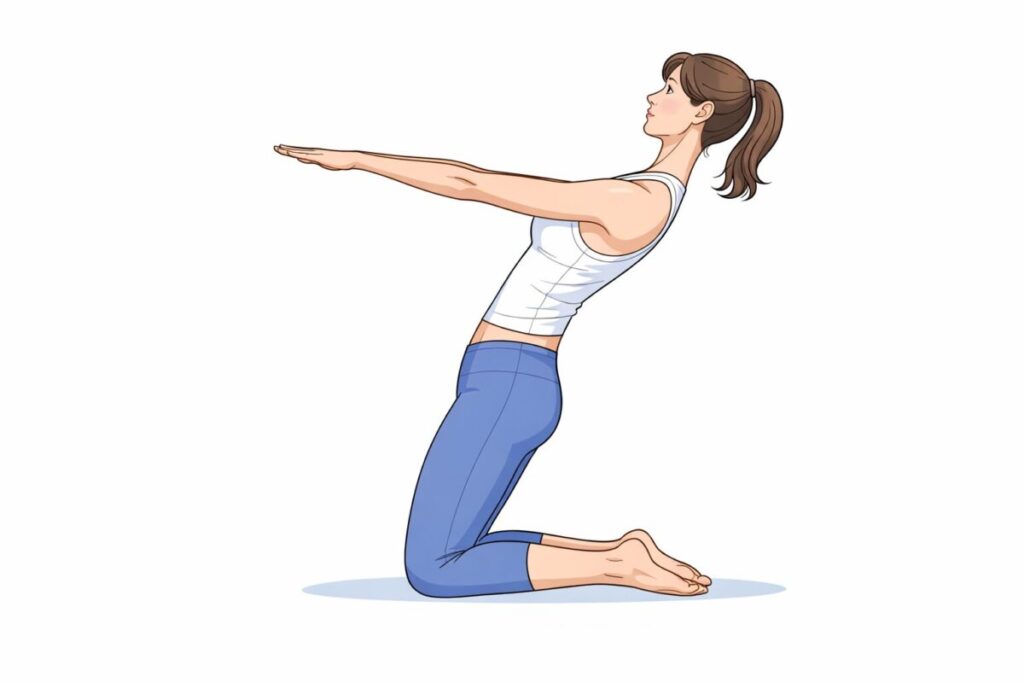 ニーリングリーンバックを行って反り腰の改善をしている女性