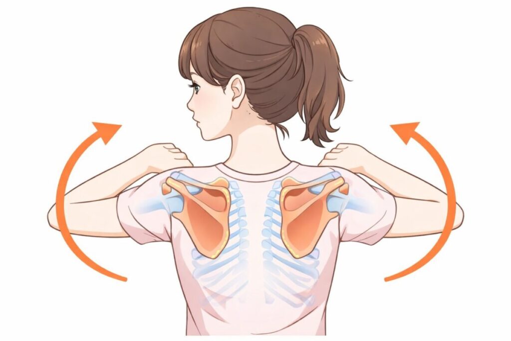 肩こり改善の為の肩甲骨を回す動きを説明している女性のイラスト