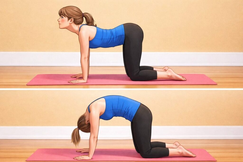 キャットカウで背骨を動かす動きの説明をしている女性のイラスト