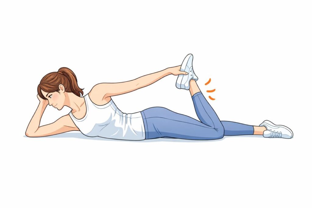 寝転んでふともも前をストレッチしている女性のイラスト