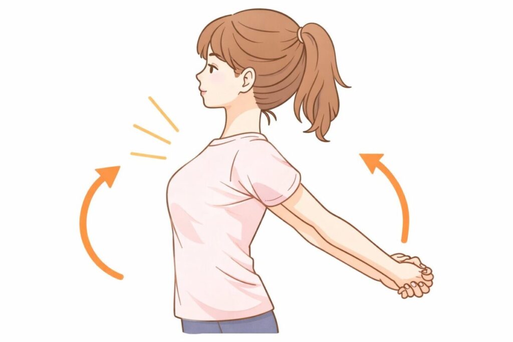肩こり改善のために胸を伸ばすストレッチの動きを説明している女性のイラスト