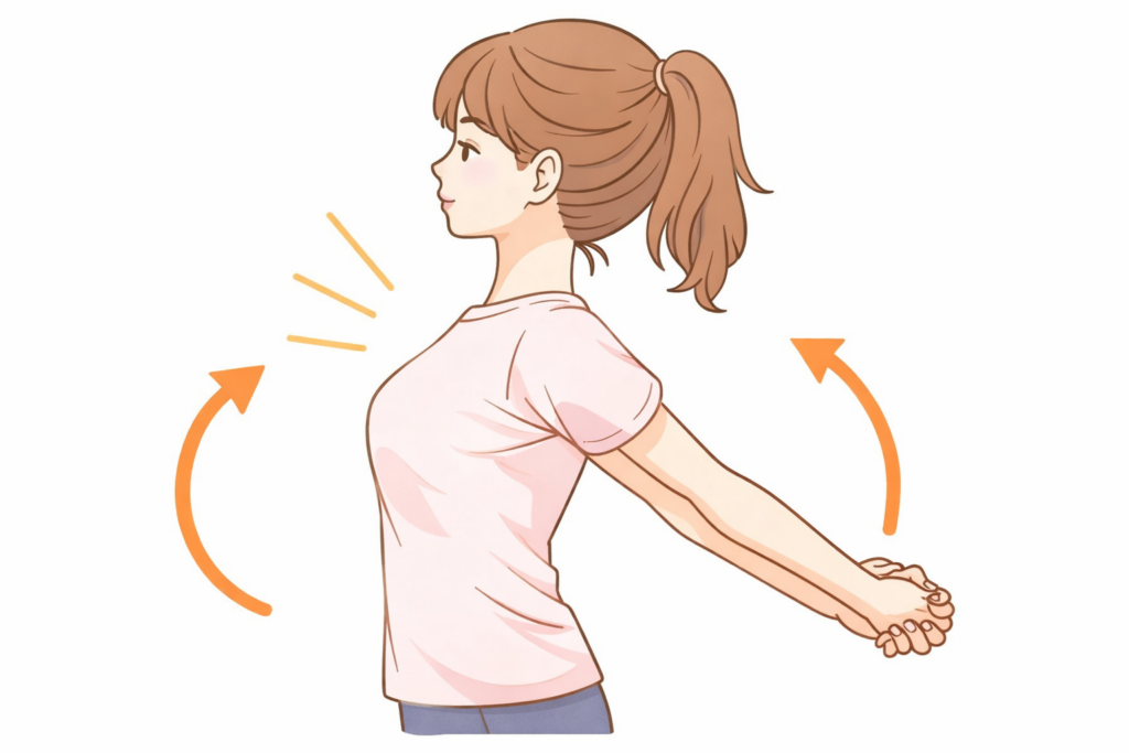 両手を後ろで組んで胸を開く猫背改善ストレッチを行う女性