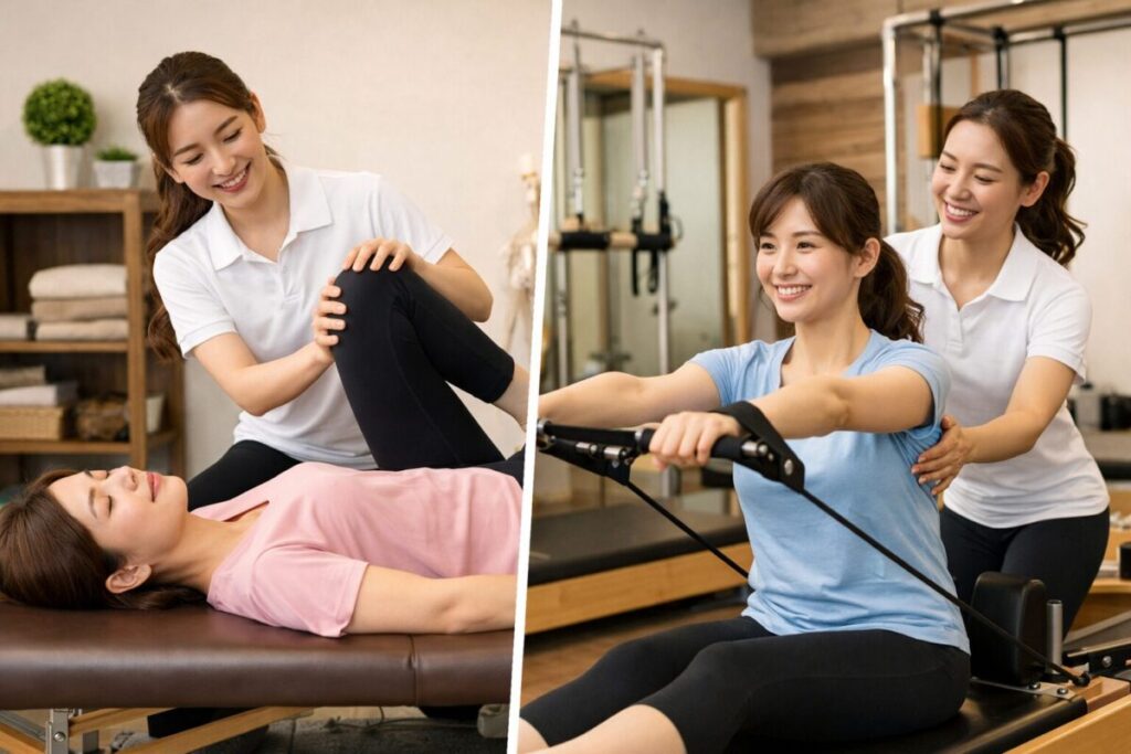 トレーナーとお客様がストレッチの施術を受けていたりやピラティスの指導を受けている様子