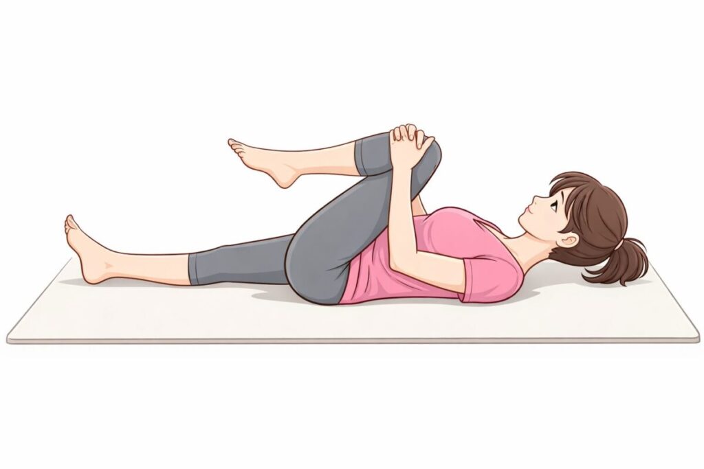 仰向けに寝転がって膝を胸のあたりまで上げてお尻をストレッチしている様子の女性のイラスト