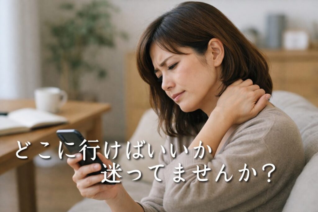 肩こりに悩む女性がスマホで検索している様子