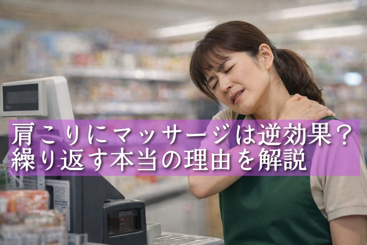 スーパーの立ち仕事で疲れて肩こりを気にしている様子
