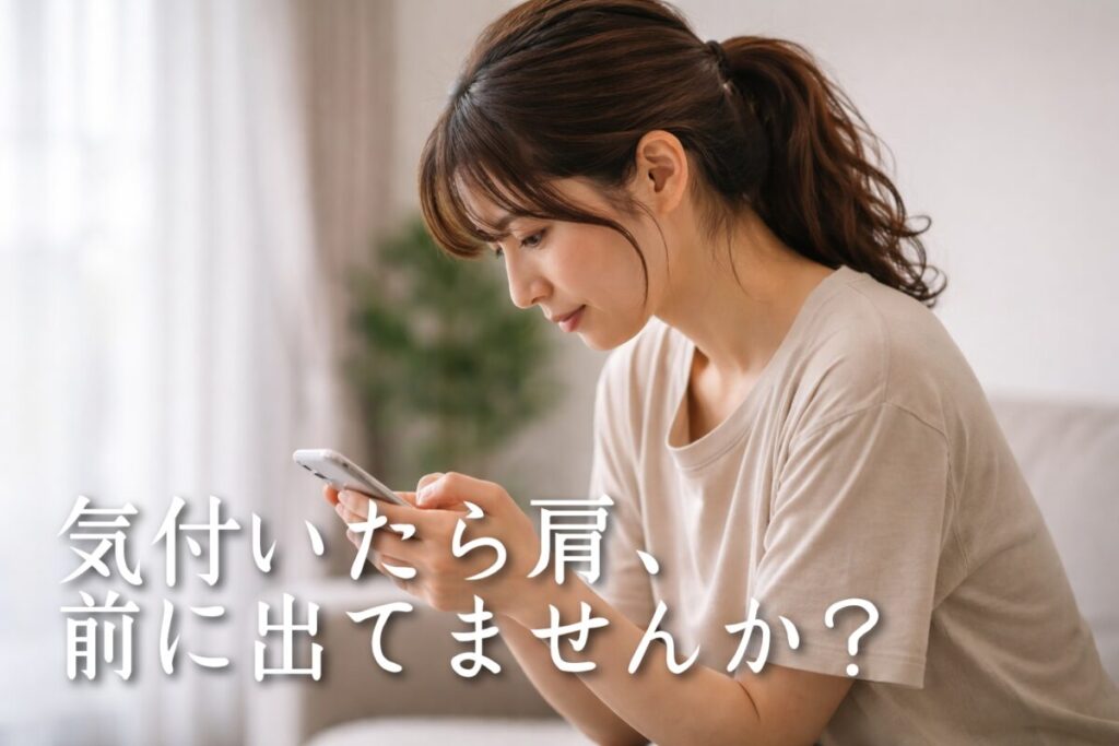 スマホを触っていたらついつい肩が前に出て巻き肩になってしまっている女性