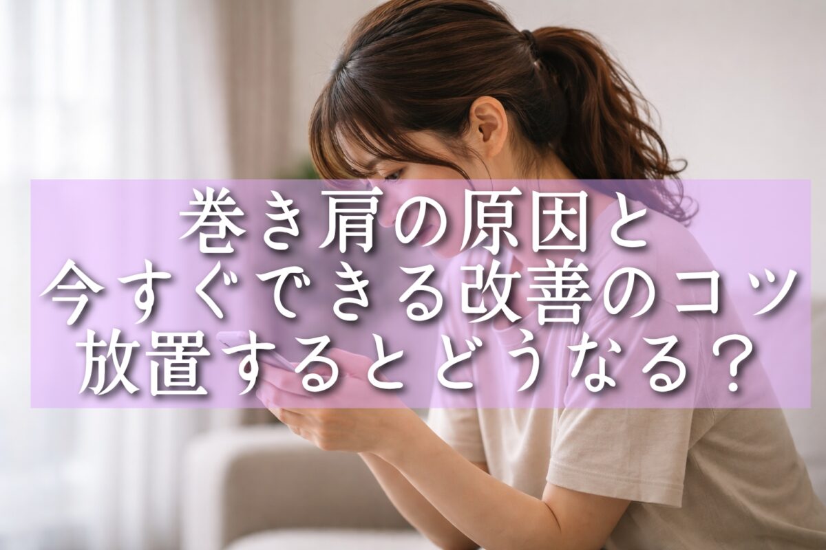 スマホを触っていたらついつい肩が前に出て巻き肩になってしまっている女性（タイトル）
