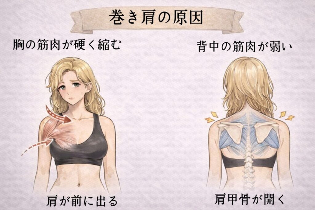 巻き肩の女性の原因を記したイラスト