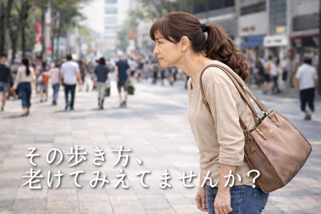 巻き肩ストレートネックで姿勢が悪い女性が町中を歩いている画像