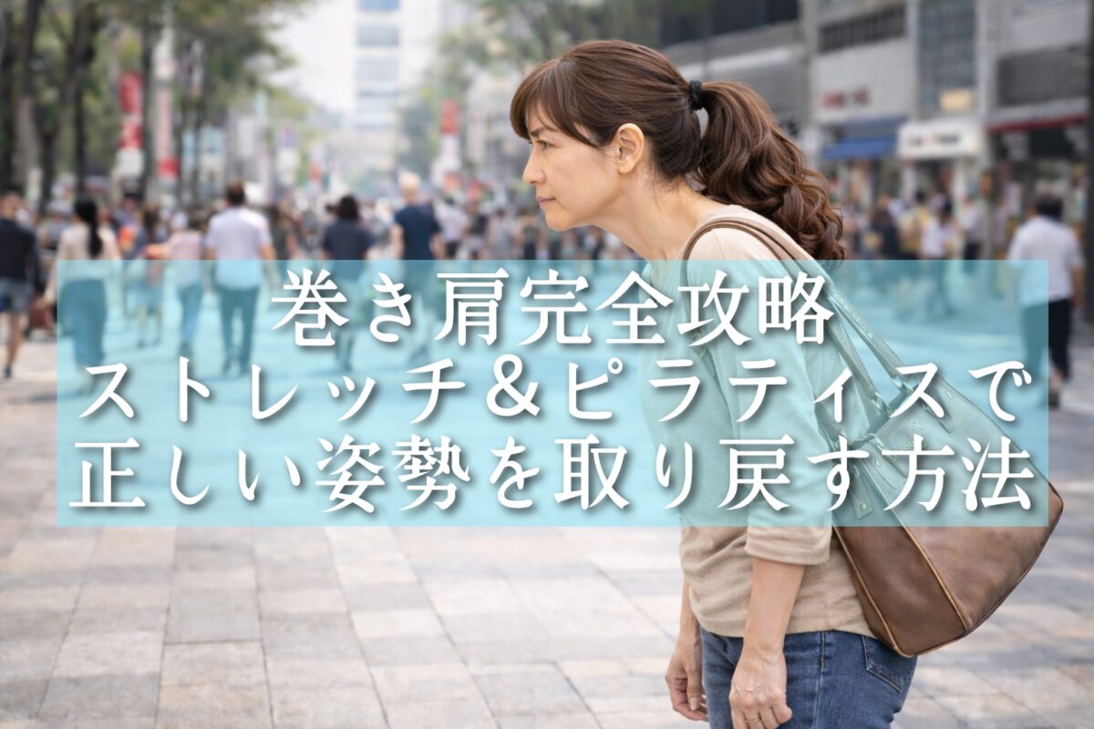巻き肩ストレートネックで姿勢が悪い女性が町中を歩いている画像（タイトル）