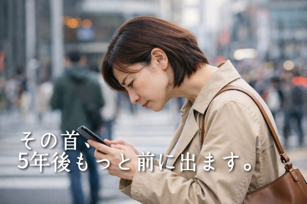 ストレートネックでスマホを見ている女性
