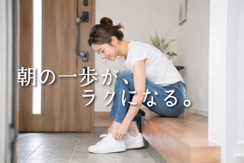 玄関で靴を履く女性