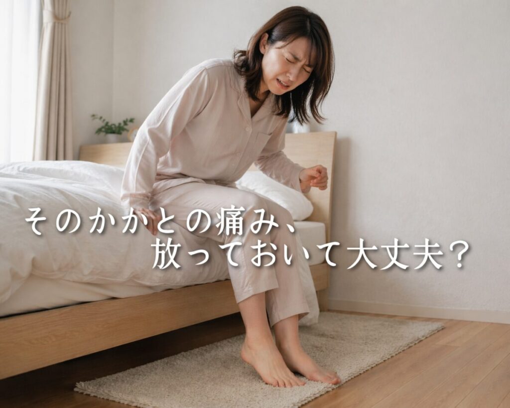 朝起きた瞬間のかかとの痛みを感じているベットに座っている女性