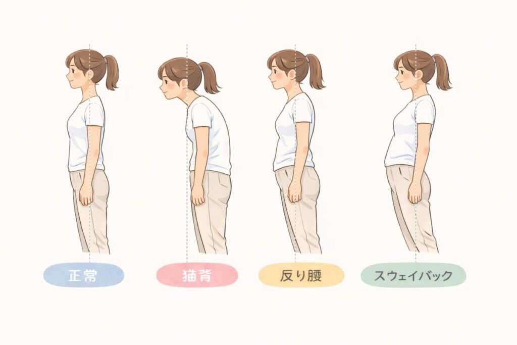 姿勢を比べた4人の女性のイラスト