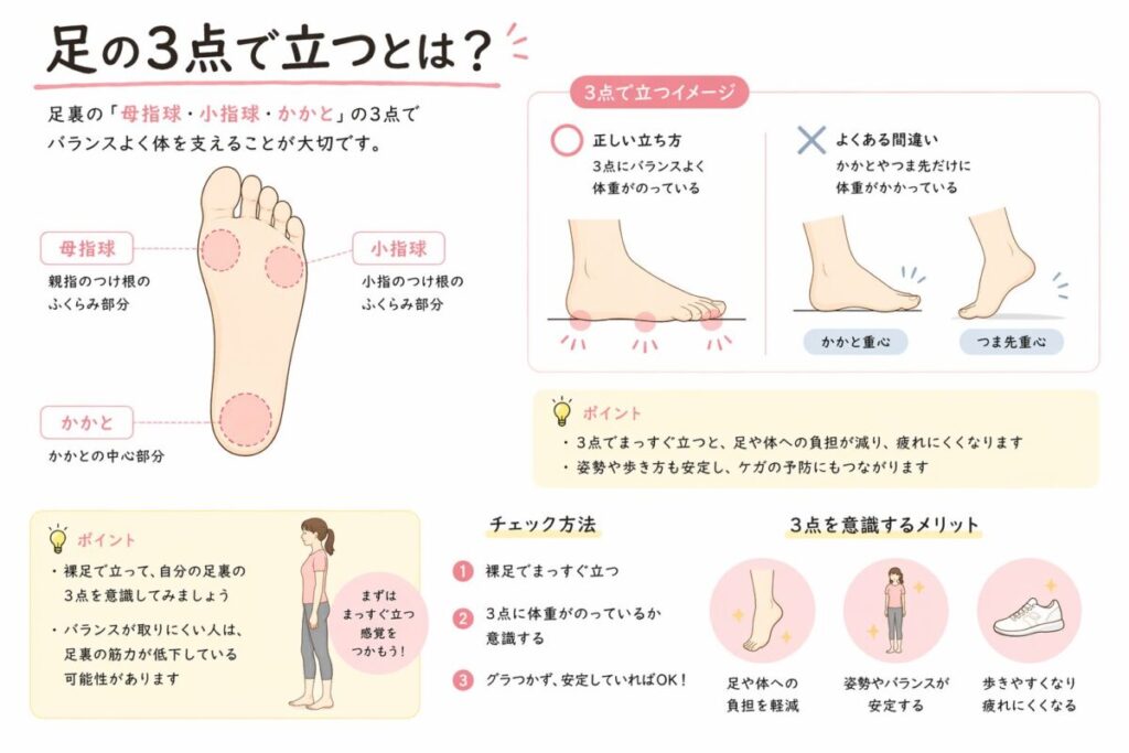 正しく立つ体重のかけ方を説明しているイラスト