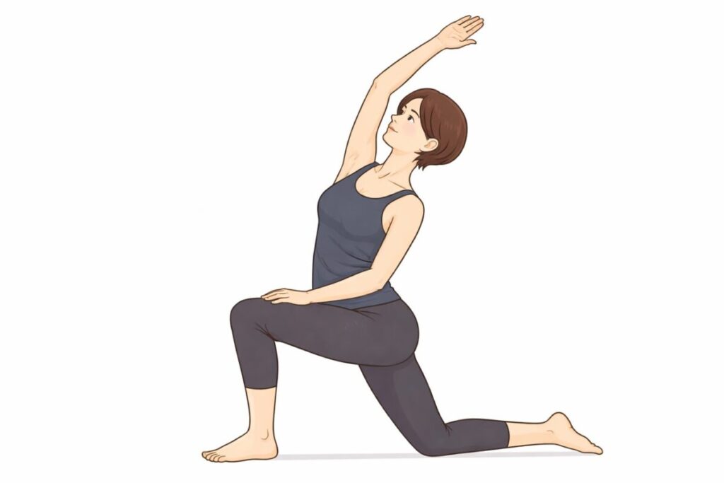 腸腰筋のストレッチを少し強化したものを行っている女性のイラスト