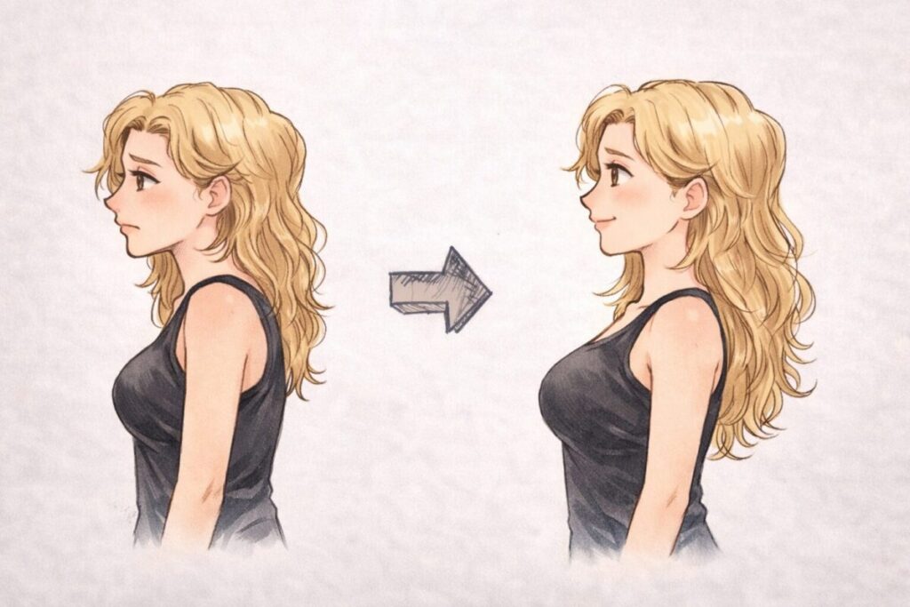 巻き肩の女性ときれいな姿勢の女性のビフォー・アフターのイラスト