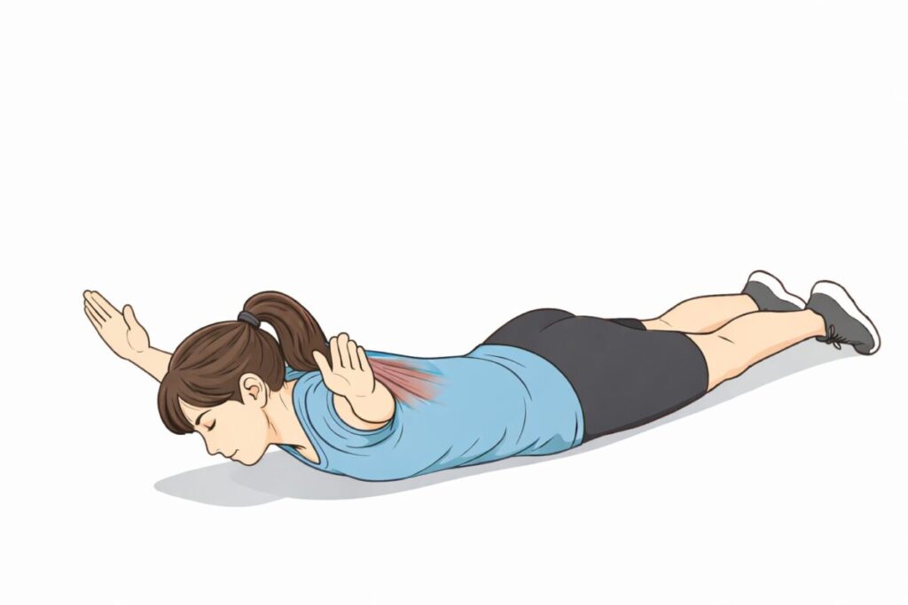 巻き肩改善のエクササイズを行う女性のイラスト横から