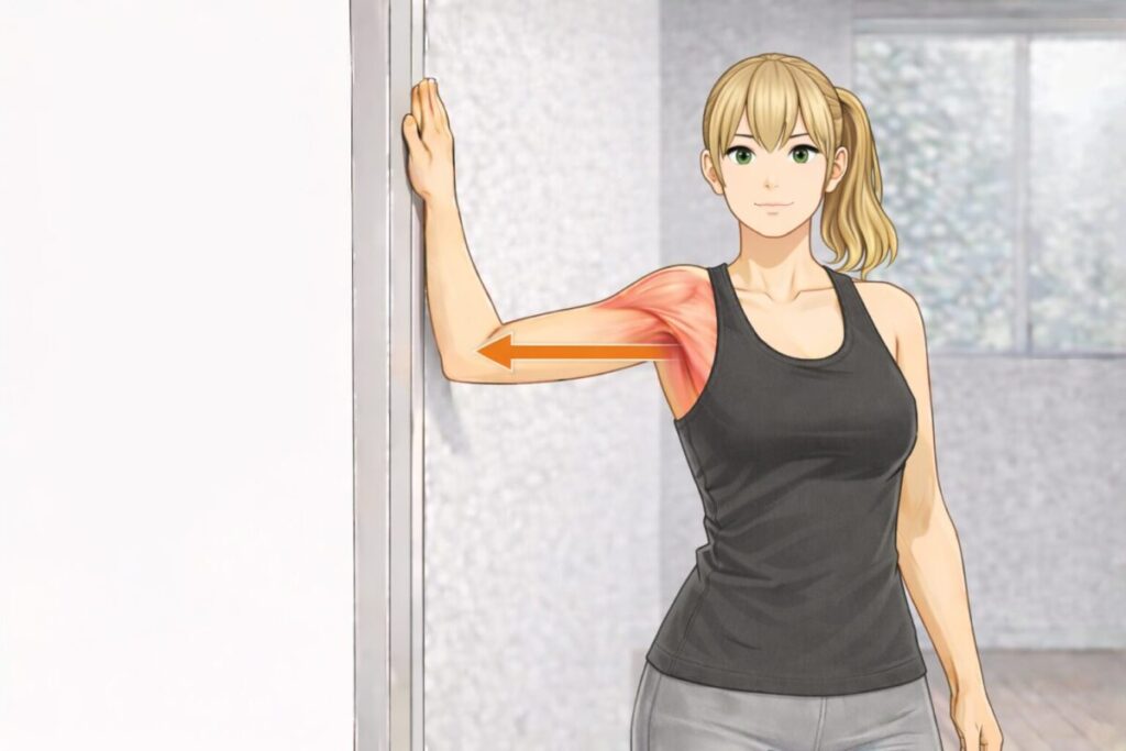 壁に手を付けて大胸筋を伸ばしている女性のイラスト