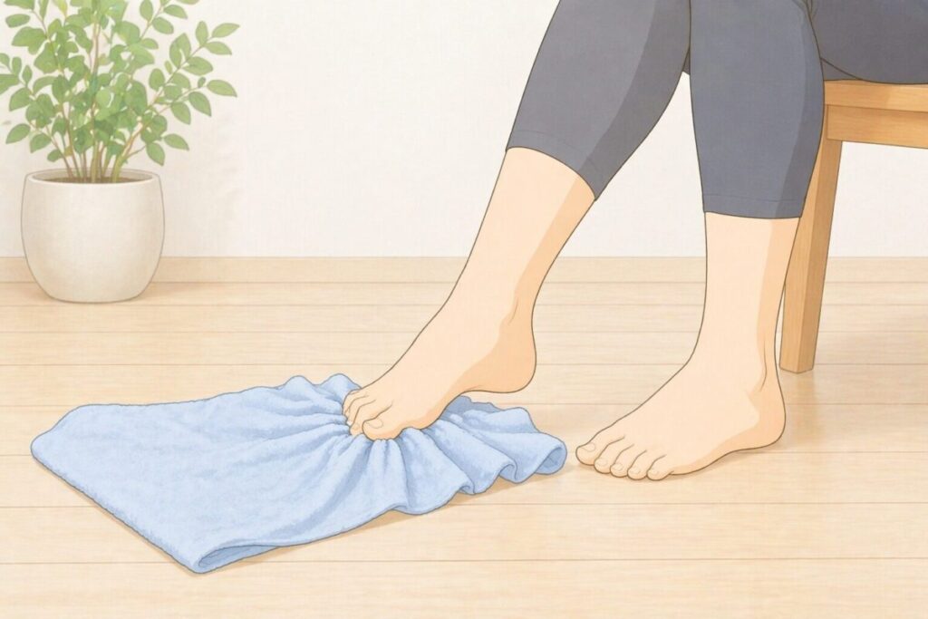 足の指をつかってタオルをひきよせているイラスト