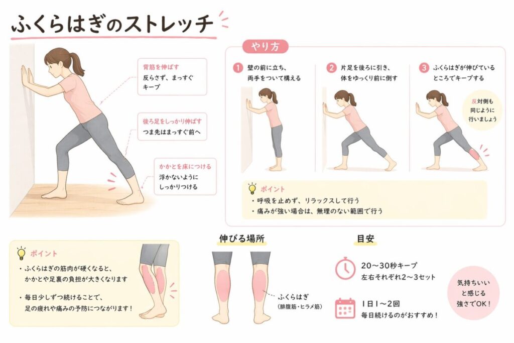 ふくらはぎをストレッチする様子を説明しているイラスト