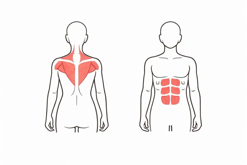 僧帽筋と菱形筋、腹筋をわかりやすくした図