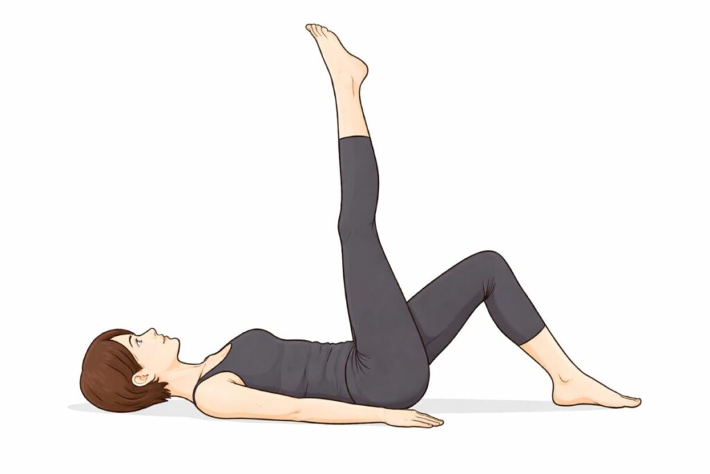 仰向けでゆっくりと足を持ち上げていくエクササイズを行っている女性のイラスト