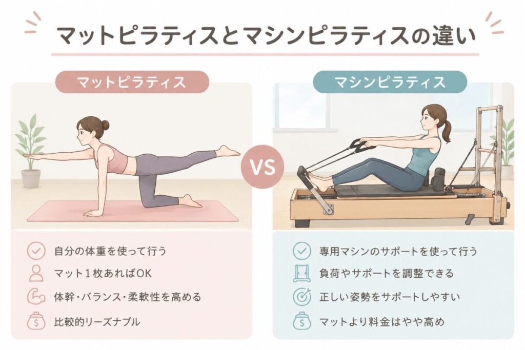 マットピラティスとマシンピラティスの違いを表した図